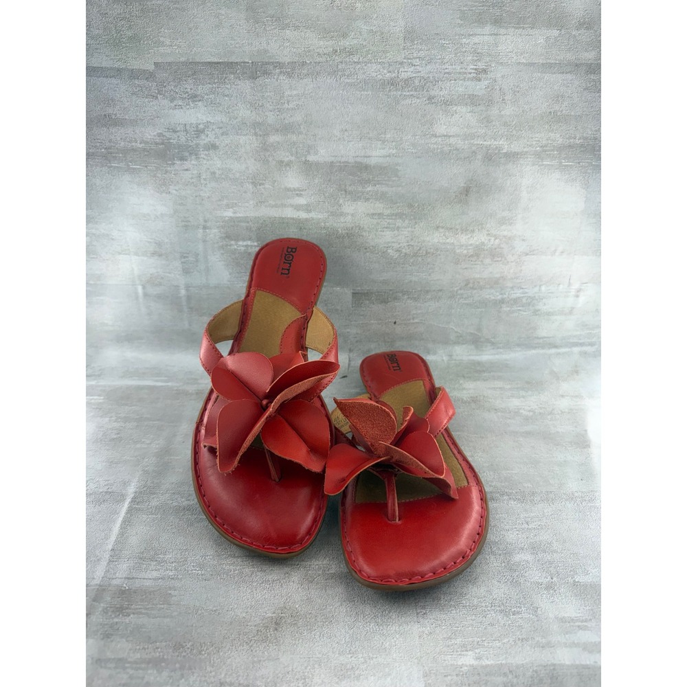 Born Red Leather Flower Thong Sandals Women Sz 9 W51571 Floral Slides